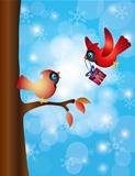 Cardinal Pair with Tree and Snowflakes Illustration