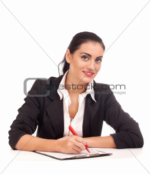 Portrait of business woman sitting on her desk