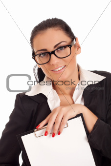 Woman holding clip board