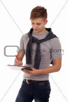 Young man holding clip board