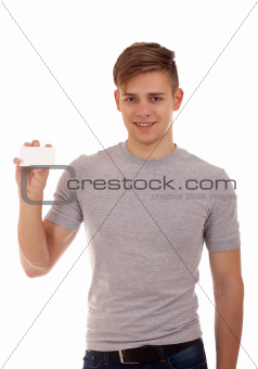 Young man holding businesscard