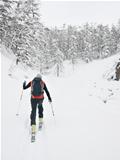 Backcountry skier walks in a snowy mountain valley.