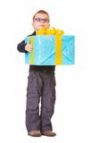 Small boy in spectecles with big present
