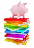 Pink piggy bank on a stack of colorful books