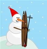 Cute snowman holding his skis