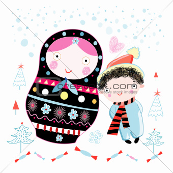 Christmas card with a doll and a boy