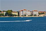 Zadar peninsula waterfront with powerboat