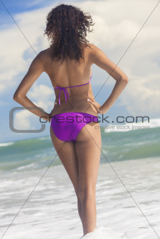 Sexy Bikini Woman Girl Standing Sea Surf Beach