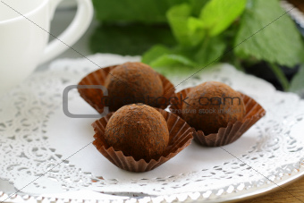 chocolate candy  truffle with fresh mint