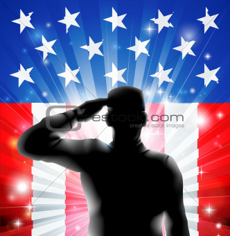 US flag military soldier saluting in silhouette