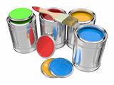 Group of Colorful Paint Cans with Paintbrush.