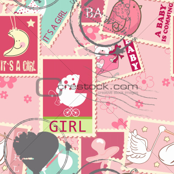 Seamless pattern with baby postage stamps