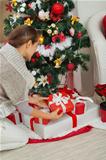 Woman putting Christmas present box under Christmas tree. Rear view