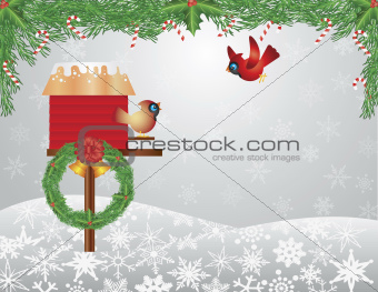 Cardinals Birdhouse with Garland Background Illustration