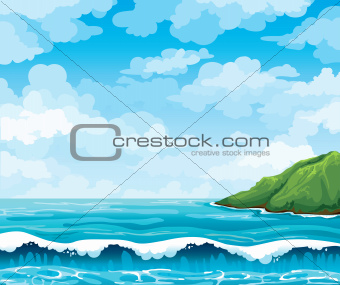 Seascape with waives and island