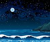 Night seascape with waves, island and full moon