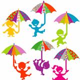 Background with kids playing with colored umbrellas
