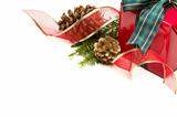 Christmas Present with Ribbon, Pine Cones and Pine Branches Isolated  on a White Background.