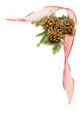 Christmas Pine Cones, Red Ribbon and Pine Branches Isolated on a White Background.