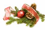 Christmas Ornaments, Golden Pine Cones, Red Ribbon and Pine Branches Isolated on a White Background.