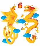 Dragon and Phoenix with Clouds Illustration