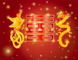 Dragon and Phoenix Double Happiness Red Background