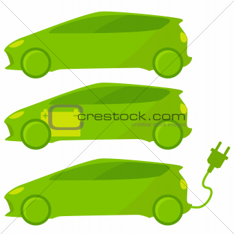 Set of three ecological, green cars