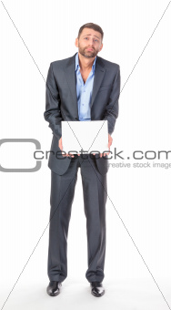 Full length portrait businessman showing an empty board to write