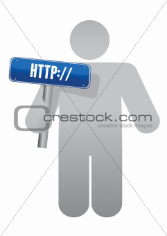 holding sign http. Internet concept.