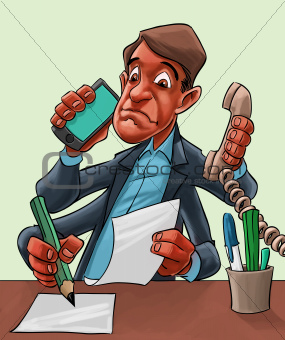 Comic cartoon of a man multitasking