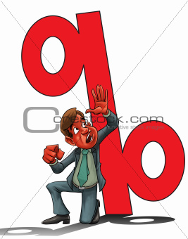 Scared man and toppling percentage symbol