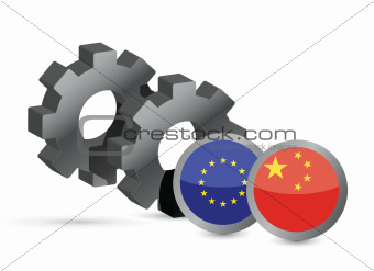 European Union and chinese flags on a gears
