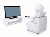 3d white human sitting in a chair and watching TV