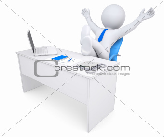 3d white human sitting at the table happily raised his hands up