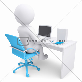 3d white man working at a laptop. On the table in a white box