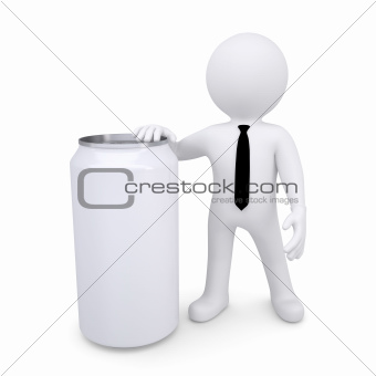3d white man next to a can of white soda