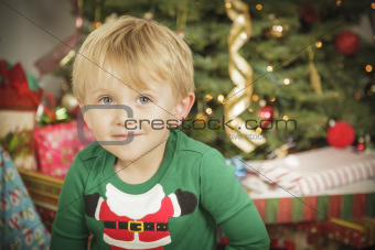 Cute Young Boy Enjoying Christmas Morning Near The Tree.