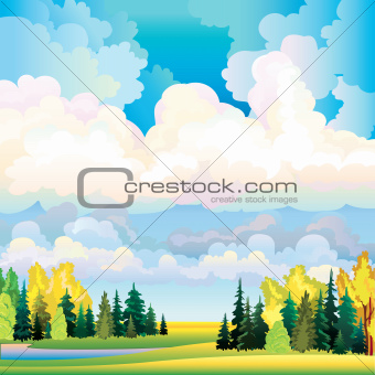 Autumn landscape with clouds, trees and meadow