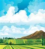 Summer landscape with meadow, cypress, mountain and clouds