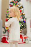Baby in front of Christmas tree. Rear view