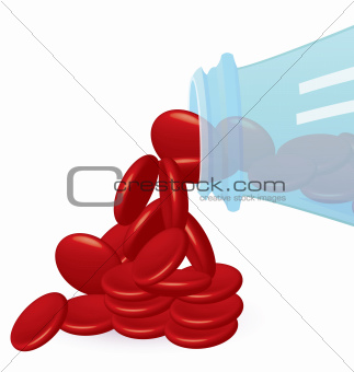 Red pills and bottle close up vector
