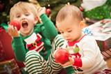 Cute Infant Mixed Race Baby and Young Boy Enjoying Christmas Morning Near The Tree.