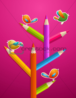 Art pencils and birds Christmas tree