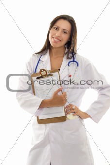 Attractive smiling doctor with health record document