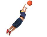 Boy playing basketball isolated. Flying and jumping