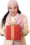 Delightful Surprise - Female holding a large red and gold gift