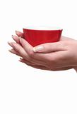 Red cup in female hands on a white background