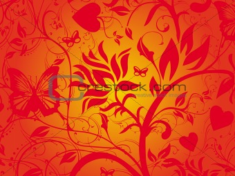 Abstract red grunge background of vector floral