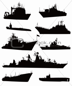High detailed military ship  silhouettes  set. Vector