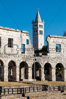 White Church and the Ancient Roman Amphitheater in Pula, Istria,